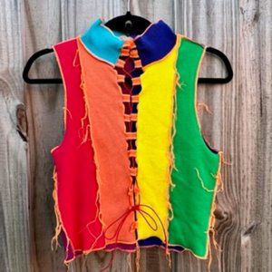 Akira Patchwork Color Block Turtleneck Sleeveless Crop Top/Large/Multicolor